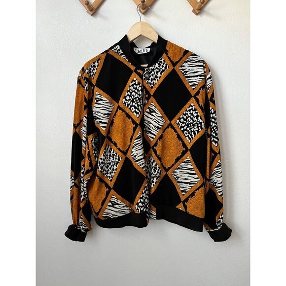 80s orange animal print glam‎ satin baseball jacket - Picture 1 of 7